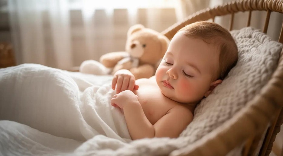 Sleeping baby resting in a wicker bassinet, tucked in a white blanket with a plush teddy bear nearby.