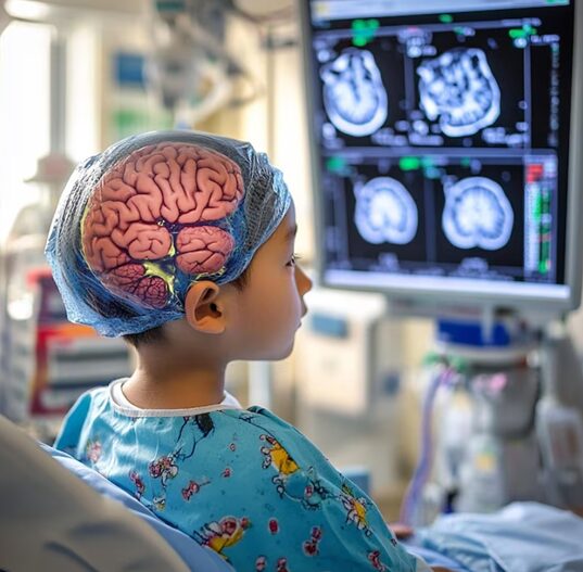 Child in a hospital bed wearing a brain-pattern cap, watching MRI brain scans on a monitor.