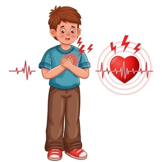A young boy clutching his chest in distress with a heart and heartbeat graphic nearby, suggesting chest pain or a heart problem.