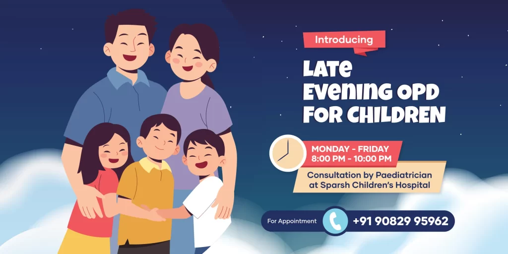 Cartoon illustration of a smiling family of five at night, with promotional text announcing Late Evening OPD for Children and hours.