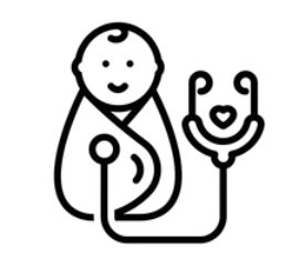 Pediatric health care icon: a baby with a stethoscope forming a heart, representing medical checkups for children.