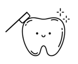 Smiling cartoon tooth being brushed with a toothbrush, with small sparkles nearby