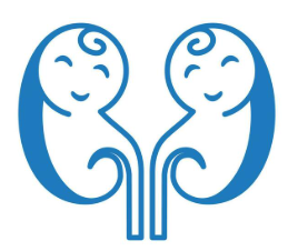 Cartoon illustration of two blue kidneys with happy faces connected at their ureters, symbolizing kidney health.