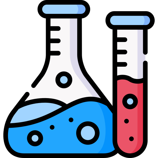 Cartoon lab scene with two glass flasks containing blue and red liquids and bubbling bubbles, representing chemistry experiments.