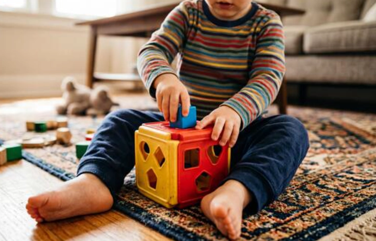 Cognitive Development - Sparsh Hospital - Sparsh Hospital Young child sitting on a patterned rug, placing shapes into a colorful shape-sorter toy.