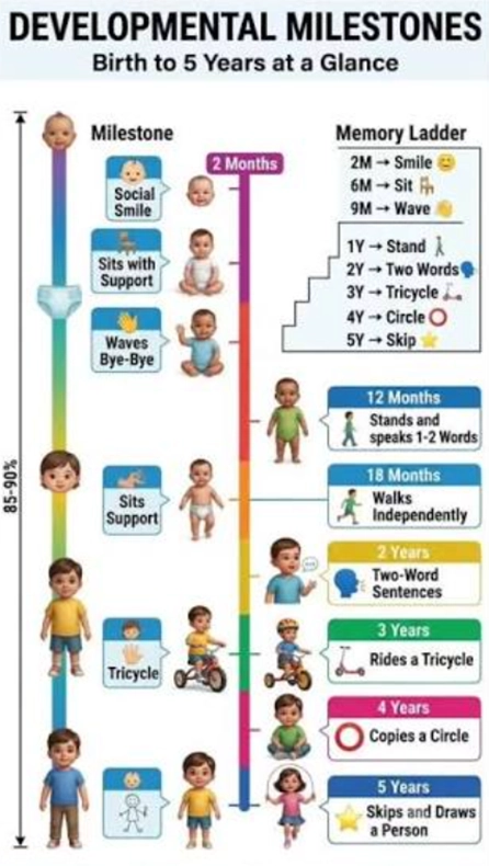 Important Developmental Milestones by Age - Sparsh Hospital - Sparsh Hospital Informational timeline of child development from birth to 5 years, with milestones like social smile, sits with support, stands, walks, two-word sentences, and drawing a person.