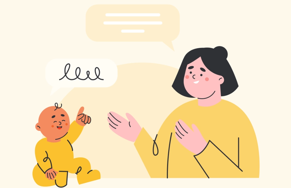 Language and Communication - Sparsh Hospital - Sparsh Hospital Adult and baby converse; baby gives thumbs up while an adult gestures, with speech bubbles overhead.