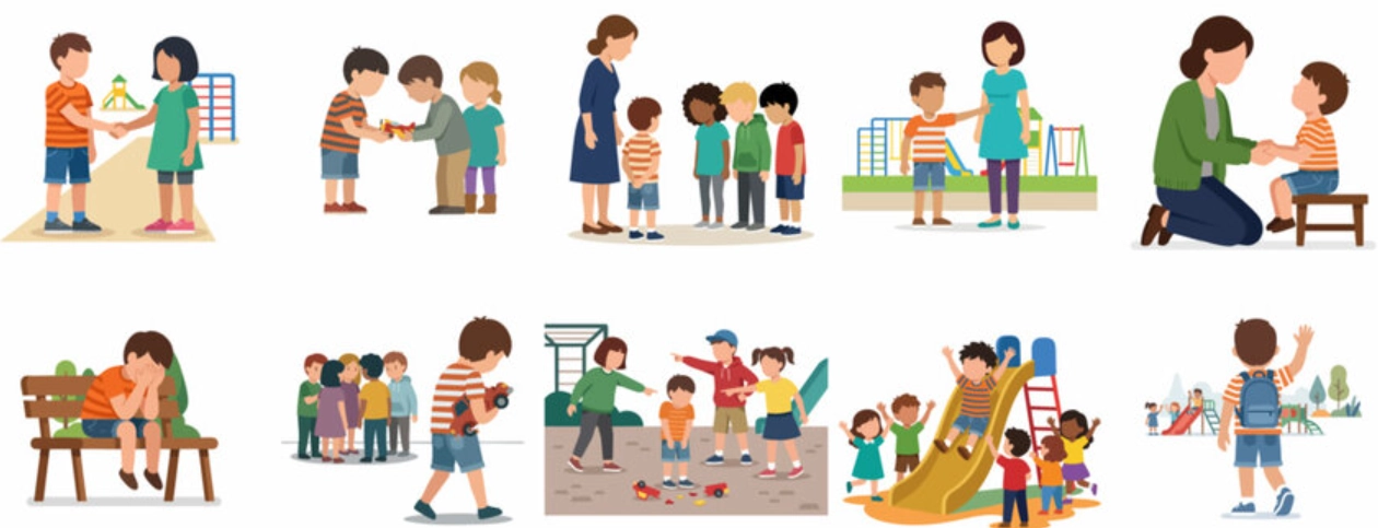Social and Emotional Development - Sparsh Hospital - Sparsh Hospital Series of scenes showing children playing outdoors with adults supervising and guiding, across playgrounds and parks.