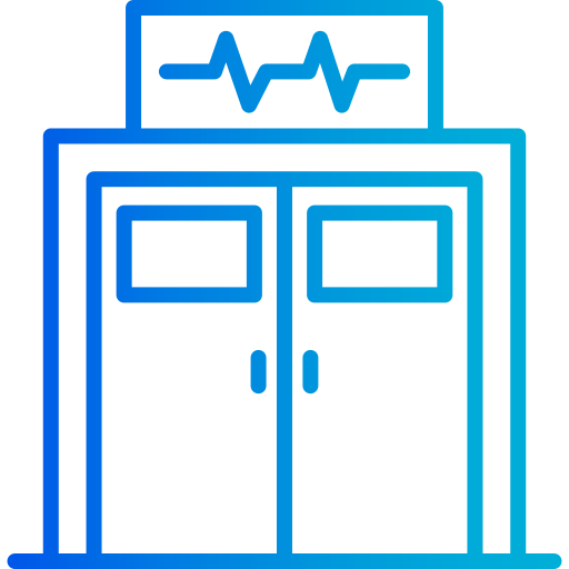 Blue line-art illustration of a medical cabinet with double doors and a monitor on top showing a heartbeat graph.