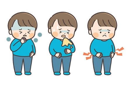 Can Pediatric Gastro in Parel Help With Vomiting_ Diarrhoea_ and Reflux - Sparsh Hospital - Sparsh Hospital Three-panel cartoon of a sick boy in blue showing flu symptoms: coughing with a tissue, nose blowing, and holding his stomach in pain.