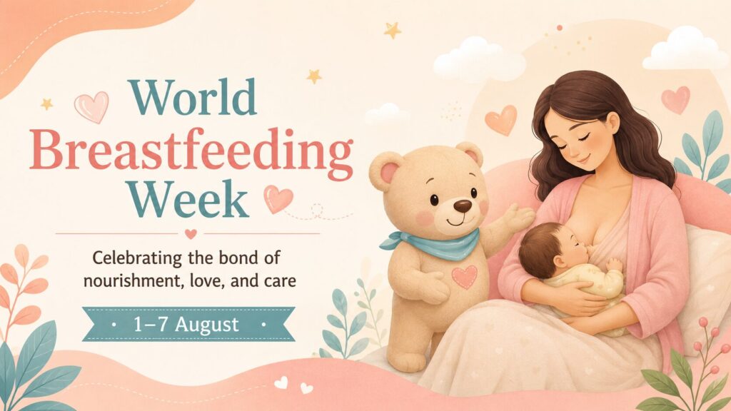 Pastel illustration celebrating World Breastfeeding Week: mother breastfeeding her baby with a teddy bear nearby and decorative hearts and leaves.