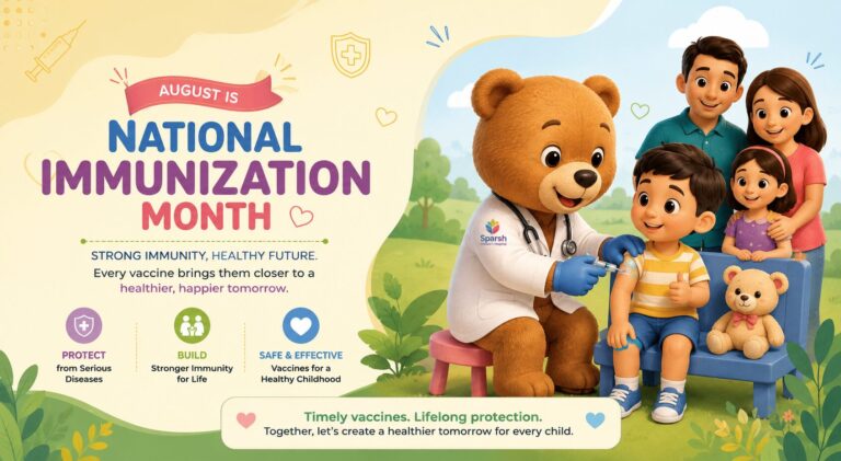 ChatGPT Image Aug 3 2026 02_47_24 PM - Sparsh Hospital - Sparsh Hospital Colorful banner showing a doctor bear vaccinating a smiling boy while a family watches, promoting National Immunization Month and vaccination for healthy children.