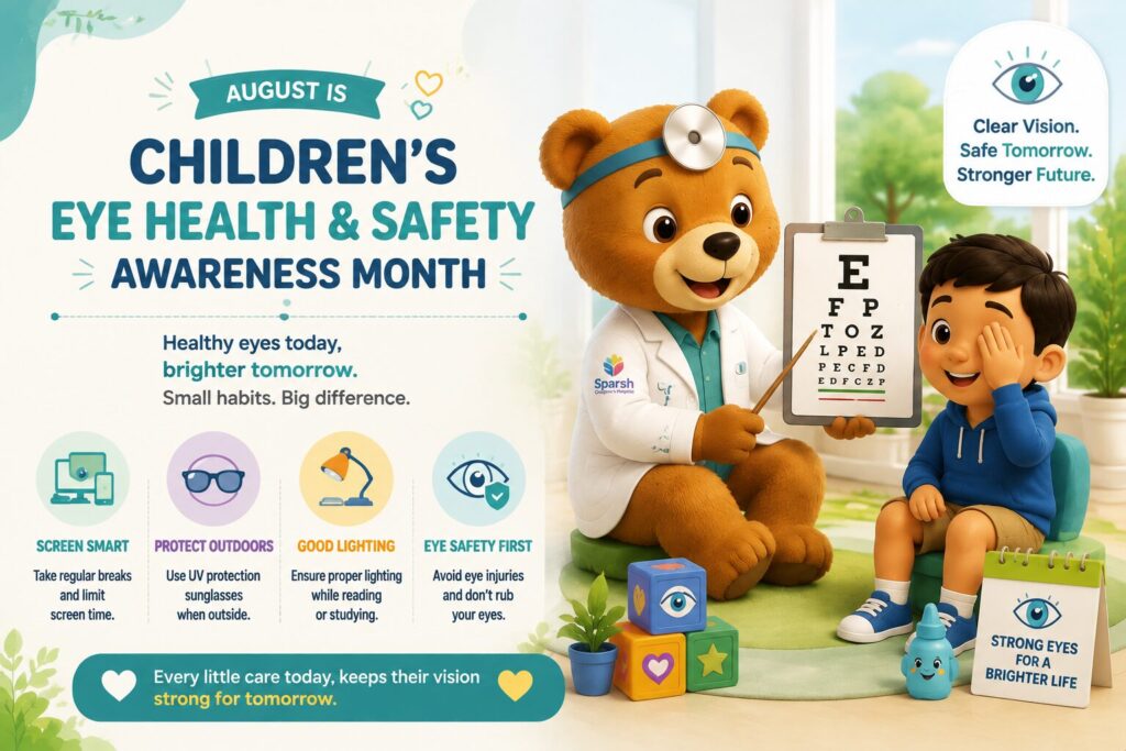 August is Children’s Eye Health & Safety Awareness Month poster featuring a bear doctor showing an eye chart to a smiling boy, in a bright clinic setting.