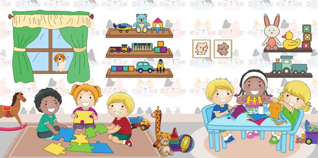 Diverse group of children folding puzzle pieces on a rug in a bright playroom with toy shelves in the background.