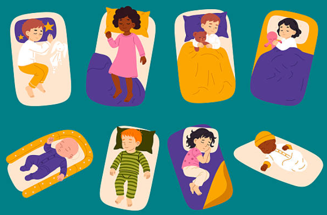 Eight babies are sleeping in individual cribs and nap mats with colorful blankets on a teal background; varied skin tones and outfits.