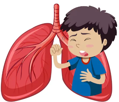 What Is Asthma in Children - Sparsh Hospital - Sparsh Hospital Cartoon of a sick child clutching his chest with oversized red lungs in the background to illustrate breathing problems