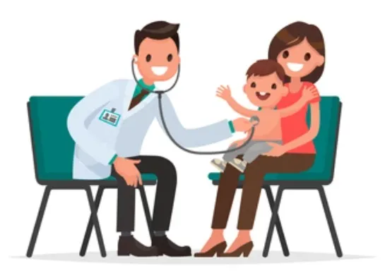 When Should Parents Consult a Doctor for Breathing Problems - Sparsh Hospital - Sparsh Hospital Doctor listens to a child's chest with a stethoscope while the mother holds the toddler on their lap in a clinic setting.