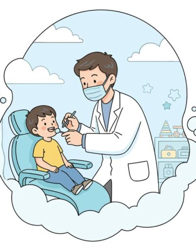 Pediatrician in a white coat and mask giving a vaccination to a smiling child seated in a blue chair.