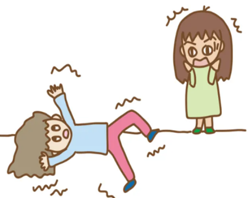 Cartoon of a child slipping and falling to the ground while another girl watches in worry.