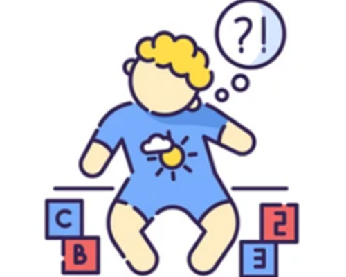 Cartoon toddler in a blue onesie sits among colorful alphabet blocks, thinking with a question-mark/exclamation bubble above their head.