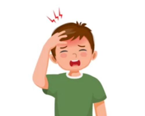 Boy in a green shirt holding his head in pain with a distressed expression and red pain marks near the temple.