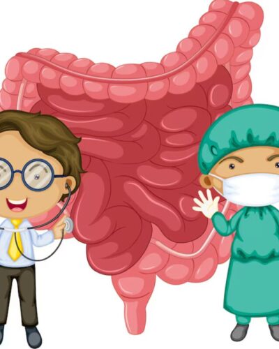 Two cartoon doctors stand beside a huge pink intestine, one with a stethoscope and glasses.
